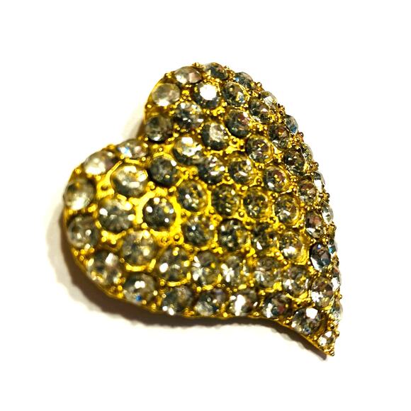 TARA Gold Heart Brooch Covered in Clear White Rhinestones Romantic Statement - Picture 2 of 6